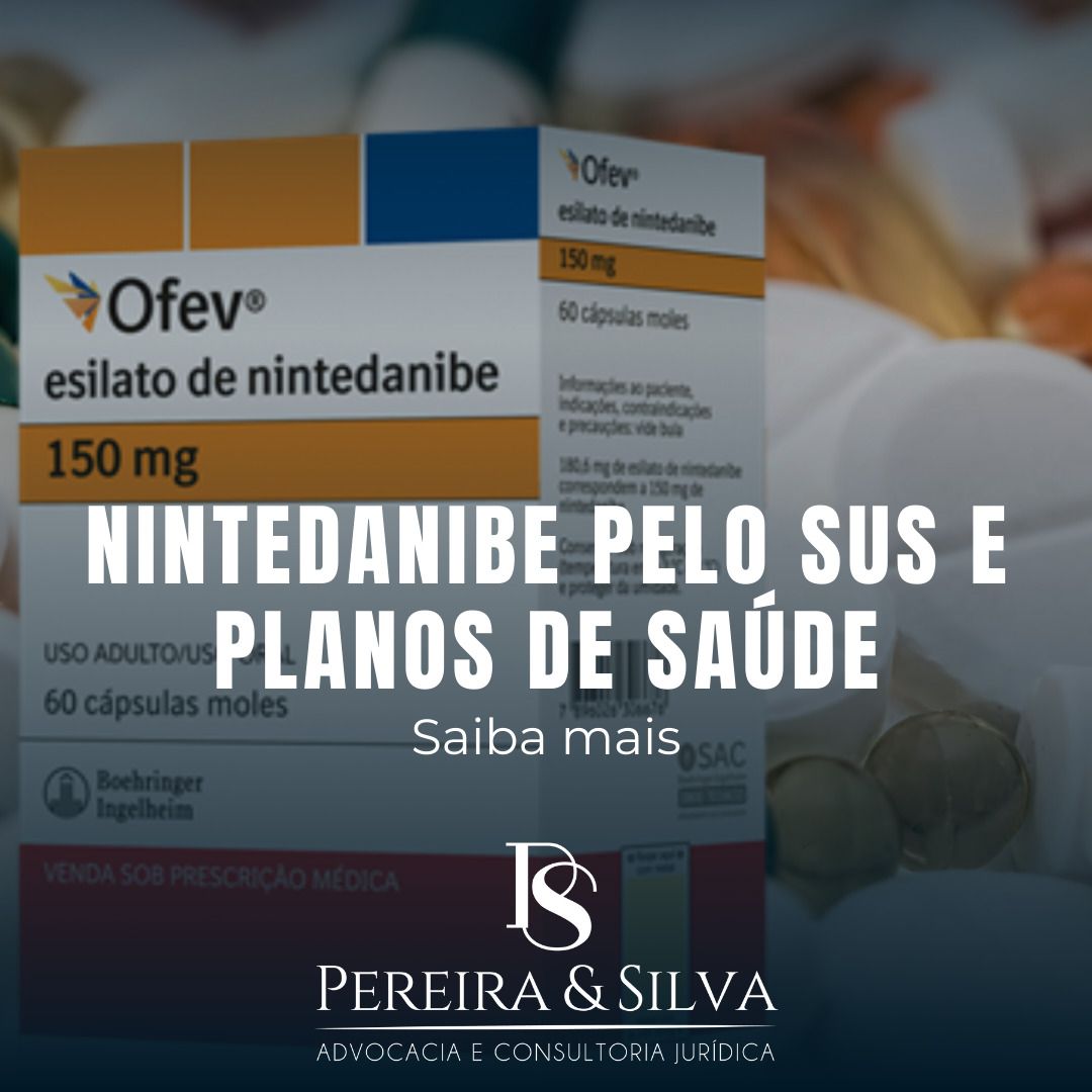 Caixa de Nintedanibe com medicamentos ao fundo, disponível pelo SUS e planos de saúde